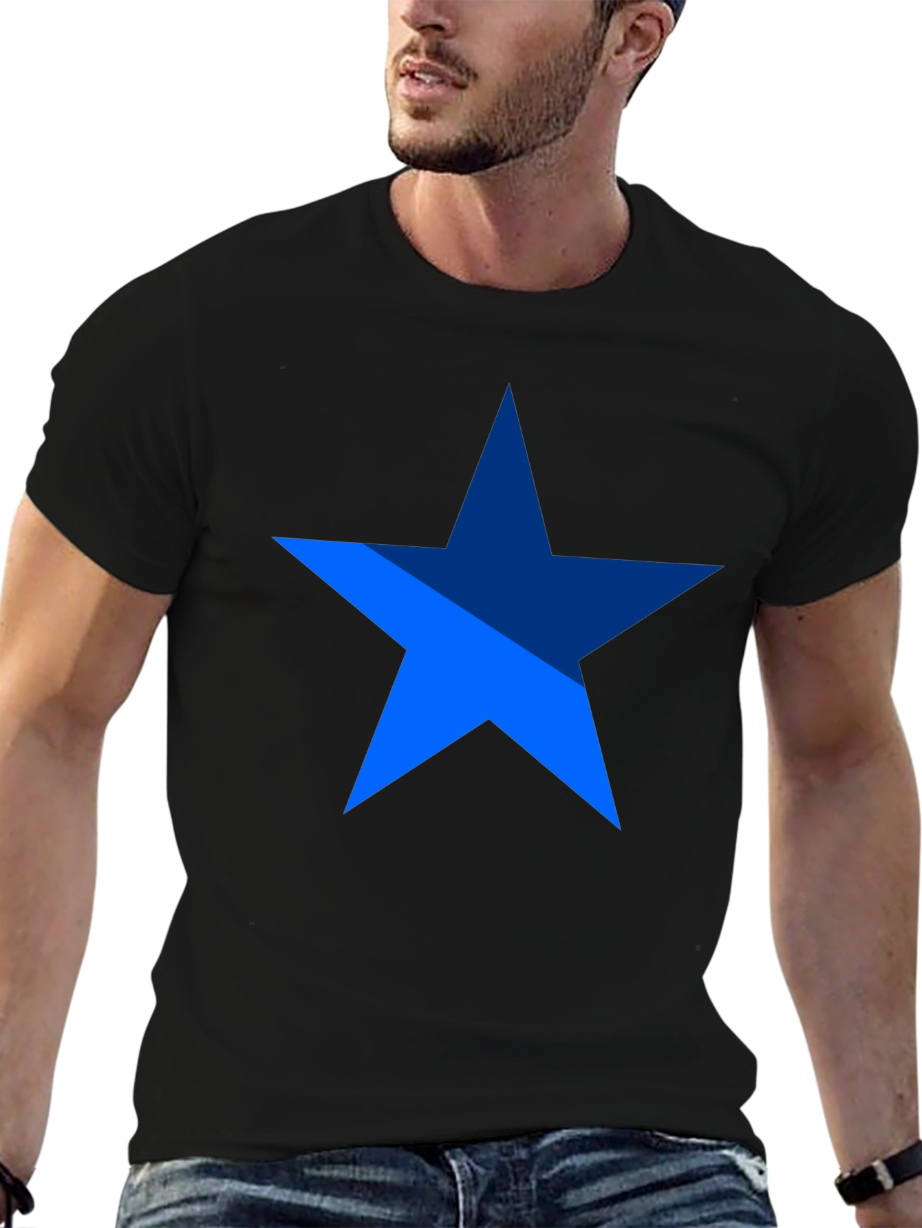 Blue Star Graphic Print Black T-Shirt