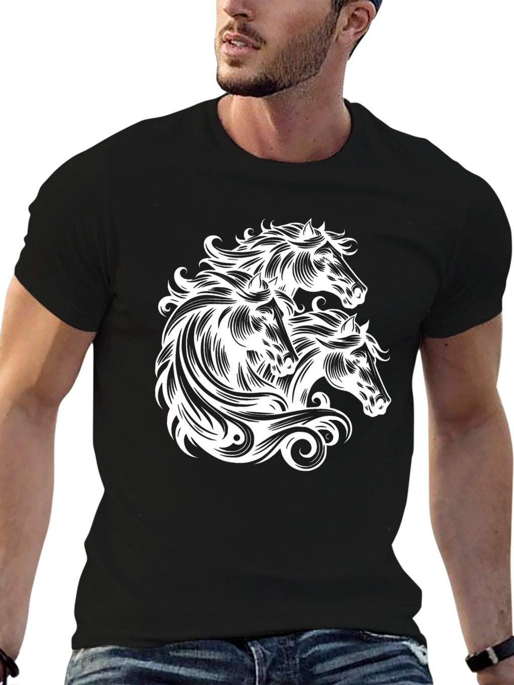 Black T-Shirt with Horse Heads Graphic