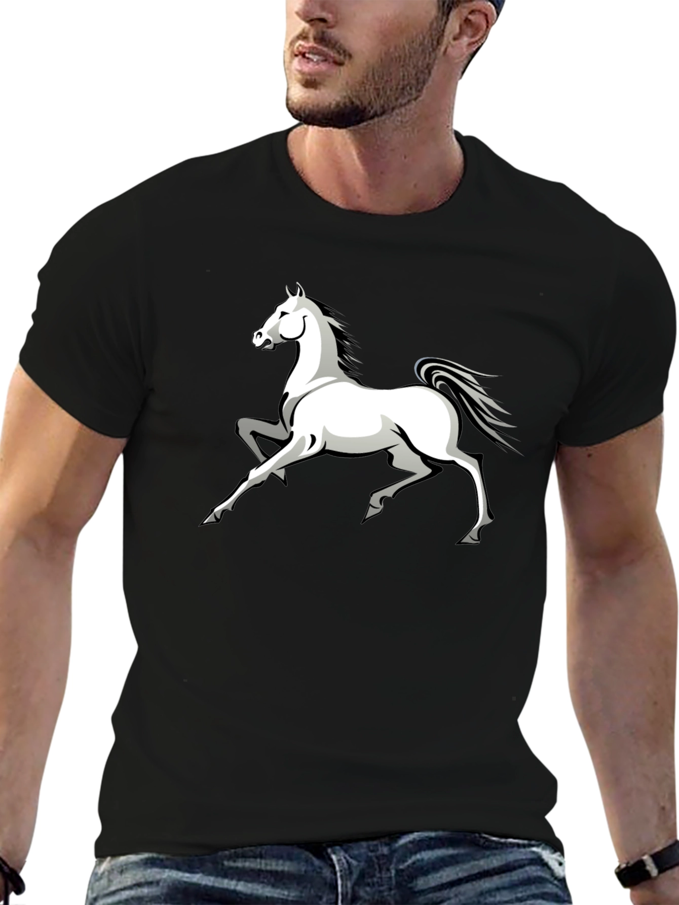 Black T-Shirt with White Horse Graphic