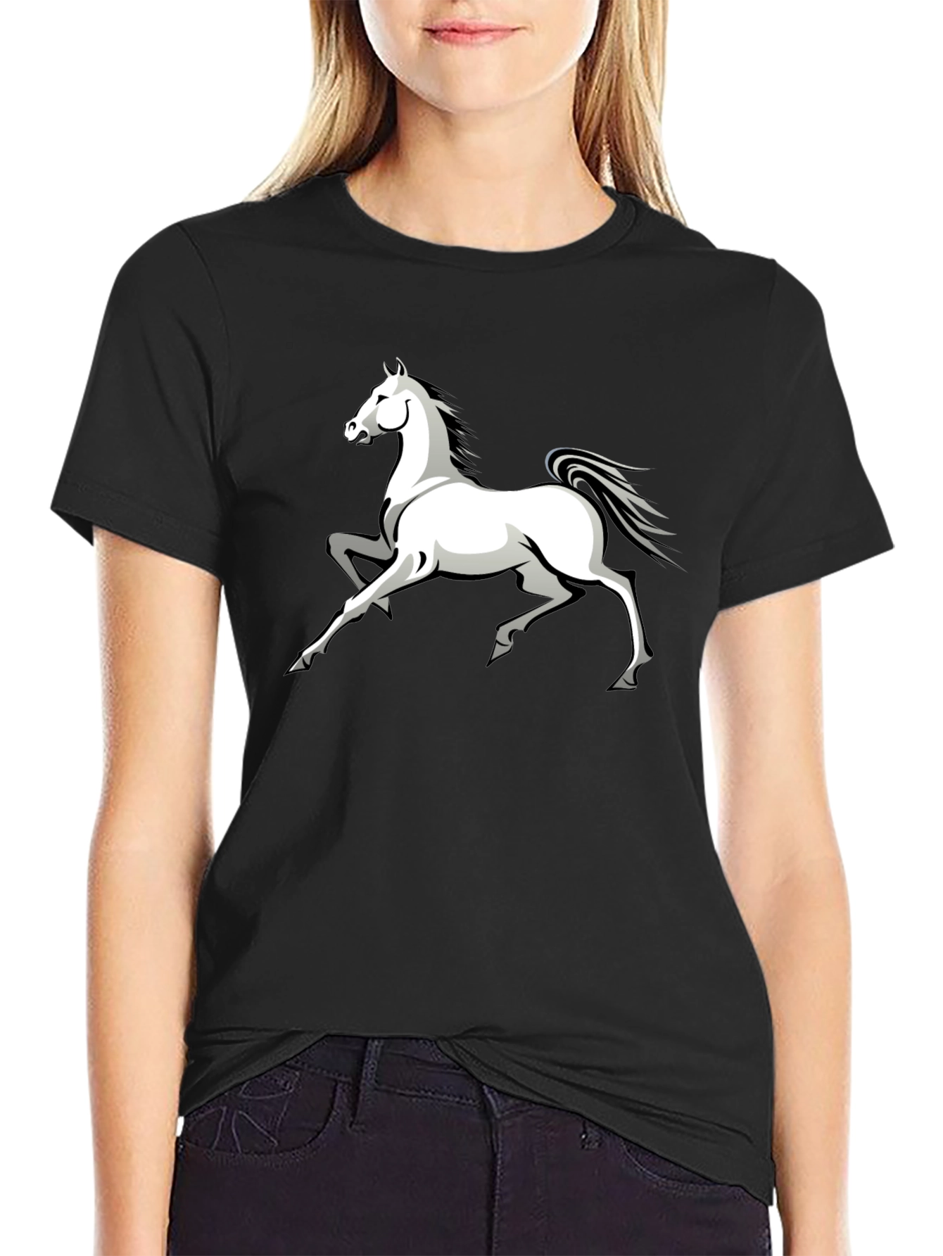 Black T-Shirt with White Horse Graphic