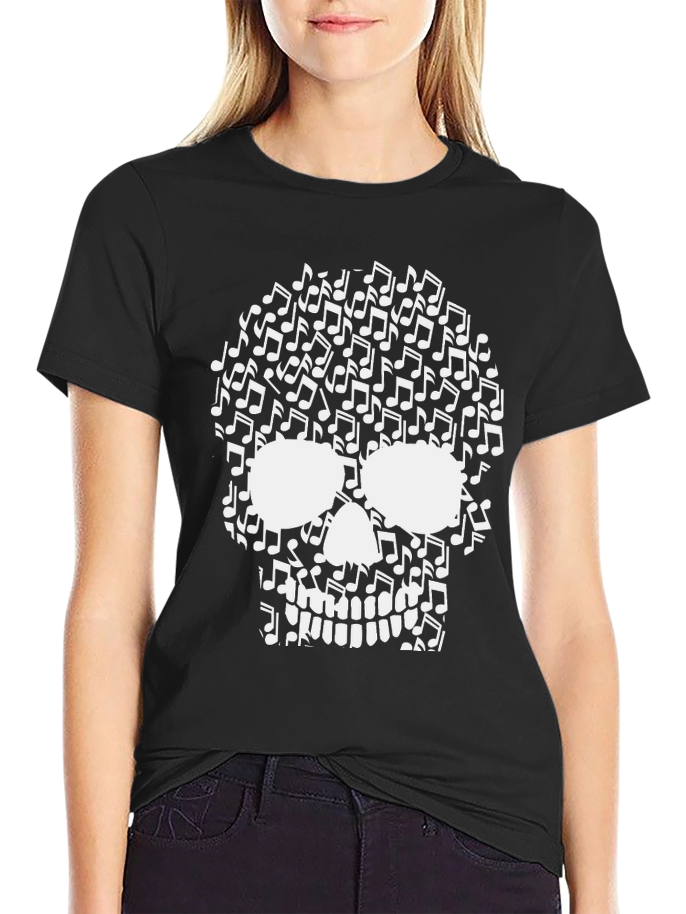 Musical Skull Graphic Tee - Black Cotton T-Shirt
