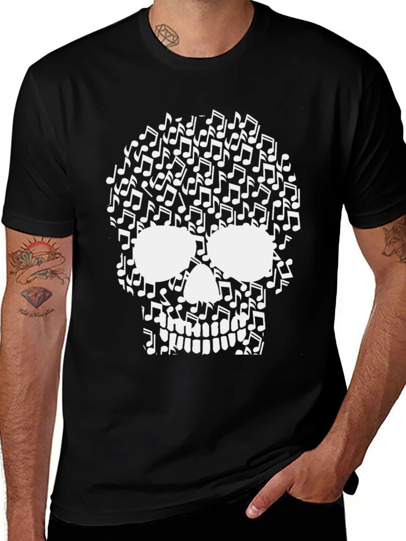 Musical Skull Graphic Tee - Black Cotton T-Shirt