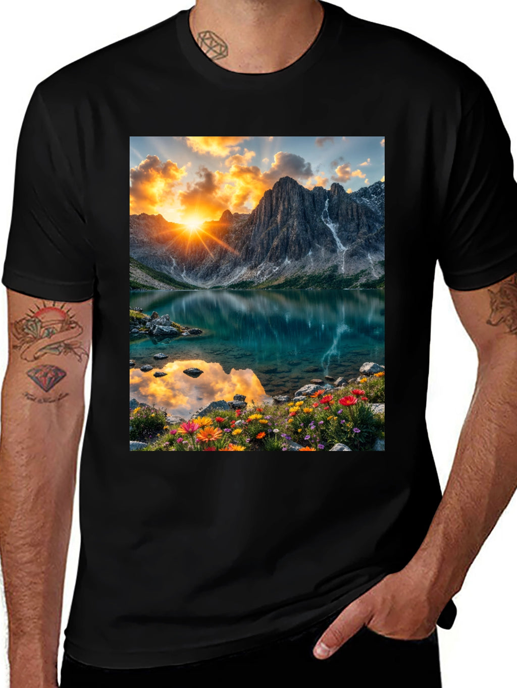 Mountain Lake Scene Graphic T-Shirt