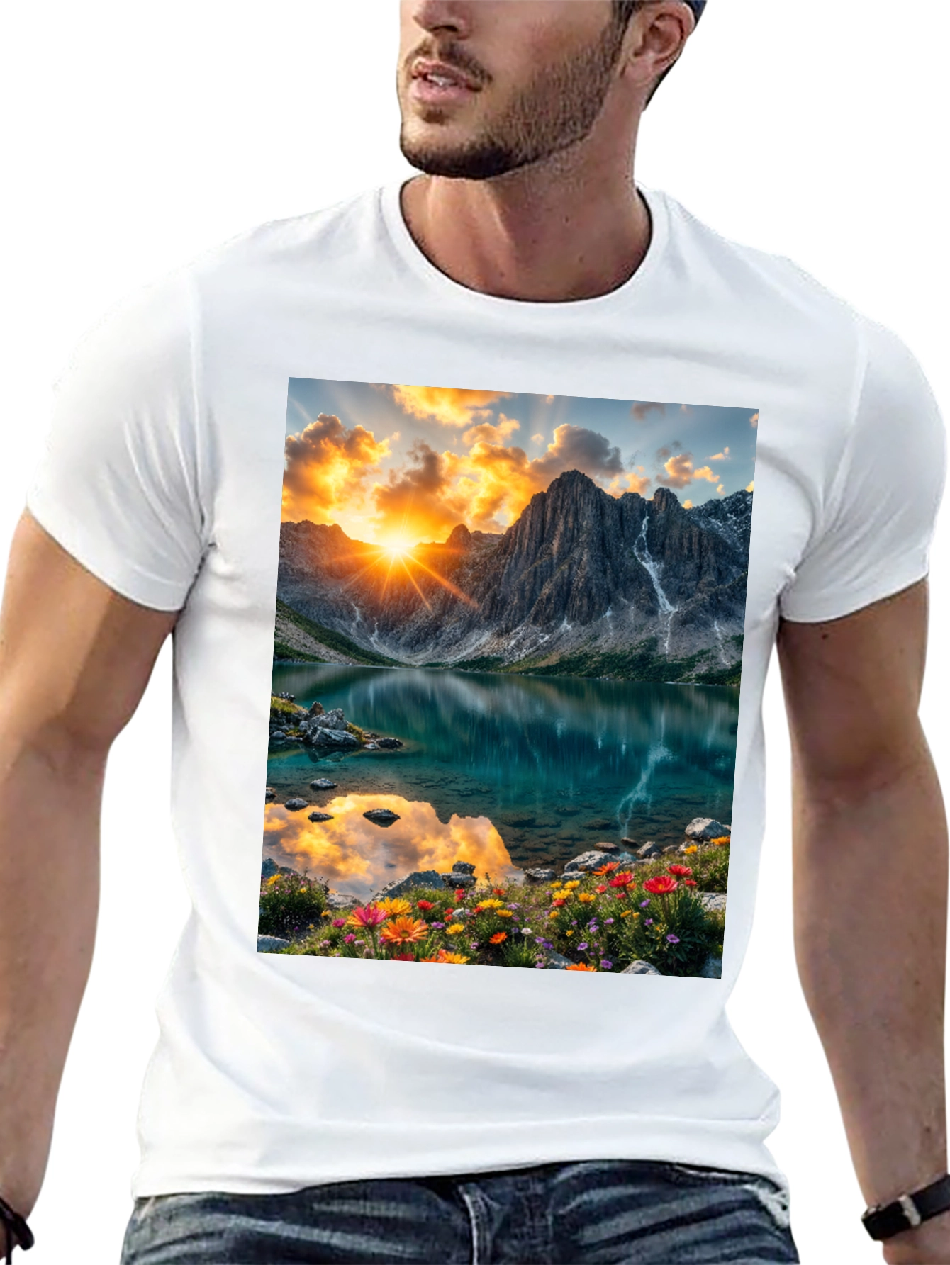 Mountain Lake Scene Graphic T-Shirt