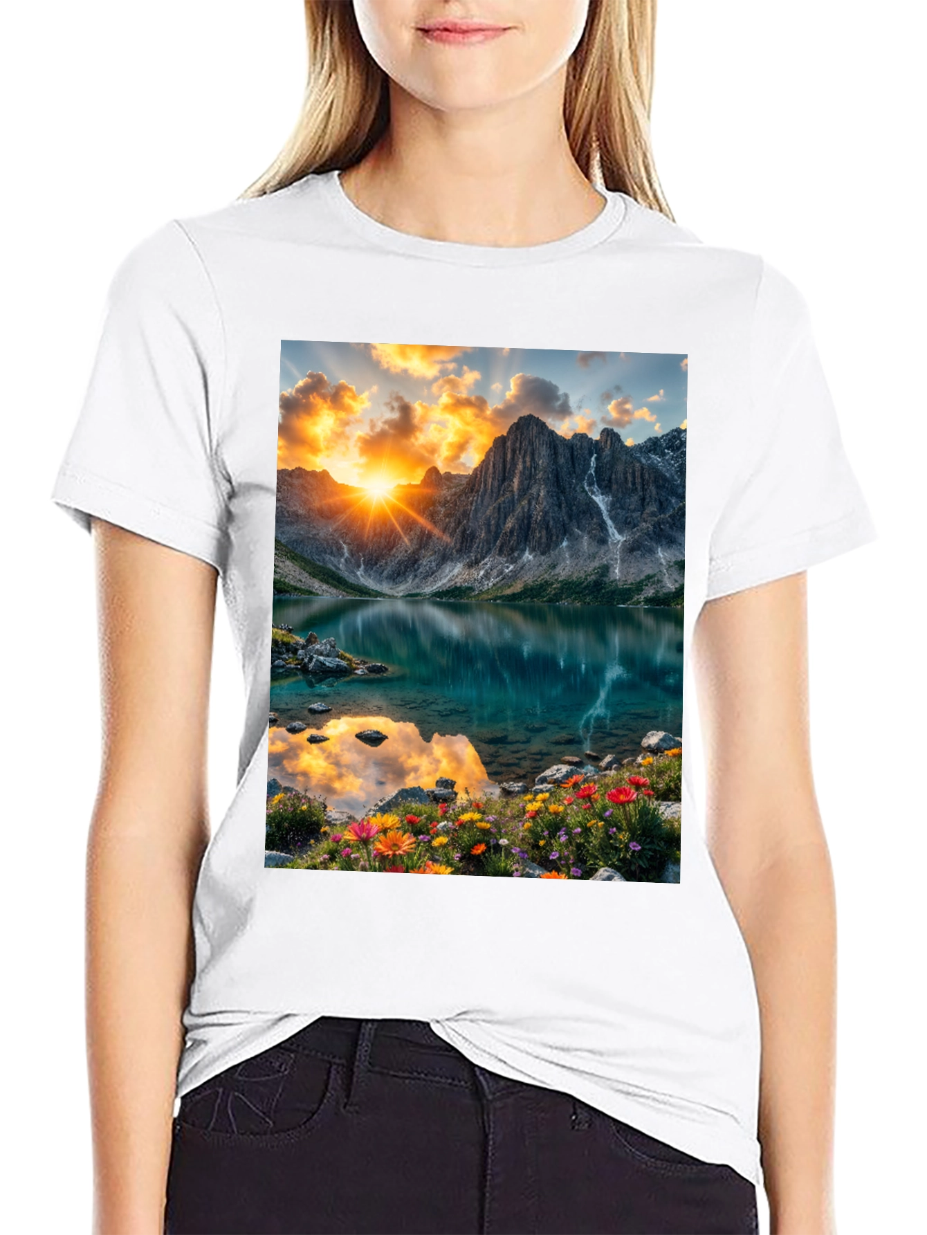 Mountain Lake Scene Graphic T-Shirt