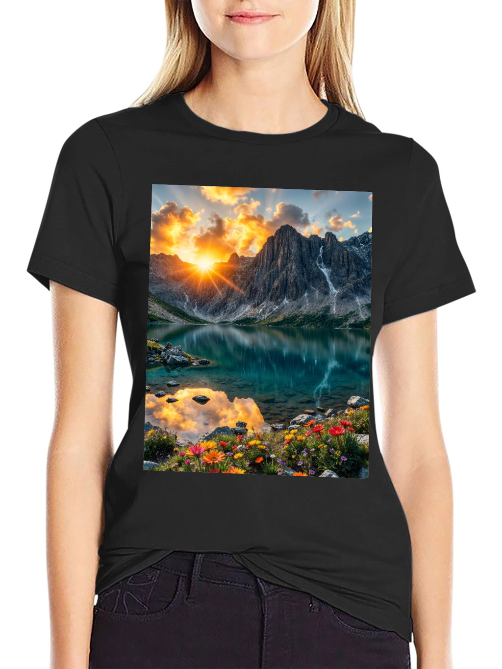 Mountain Lake Scene Graphic T-Shirt