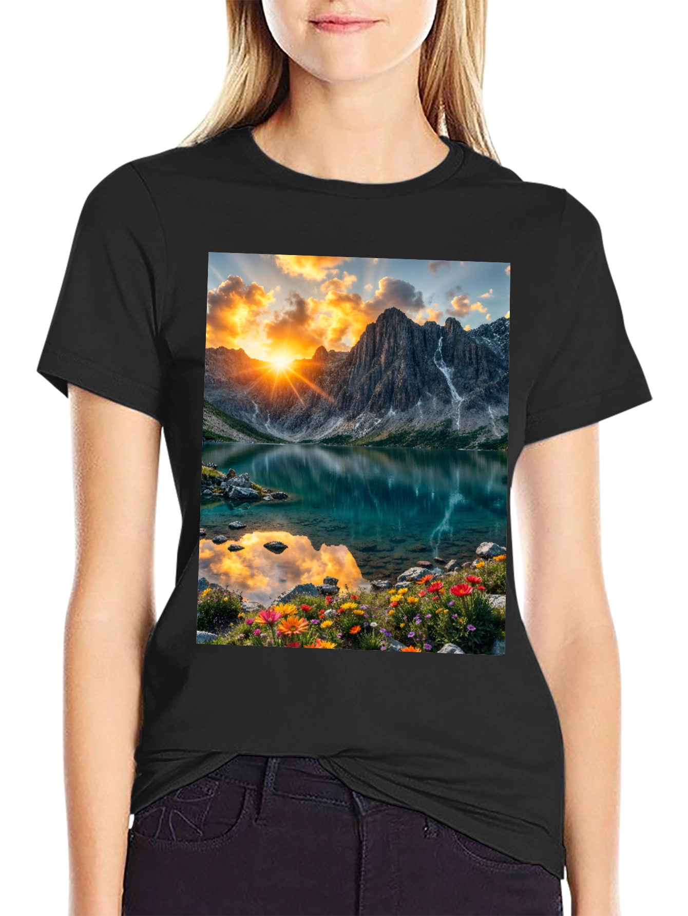 Mountain Lake Scene Graphic T-Shirt