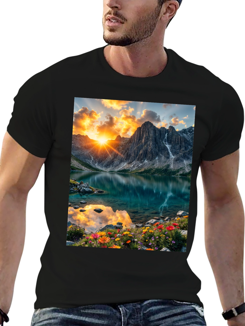 Mountain Lake Scene Graphic T-Shirt