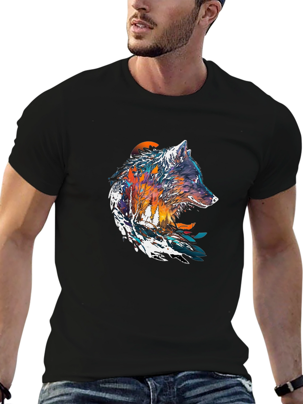 Artistic Wolf Graphic Black T-Shirt - Unique Design