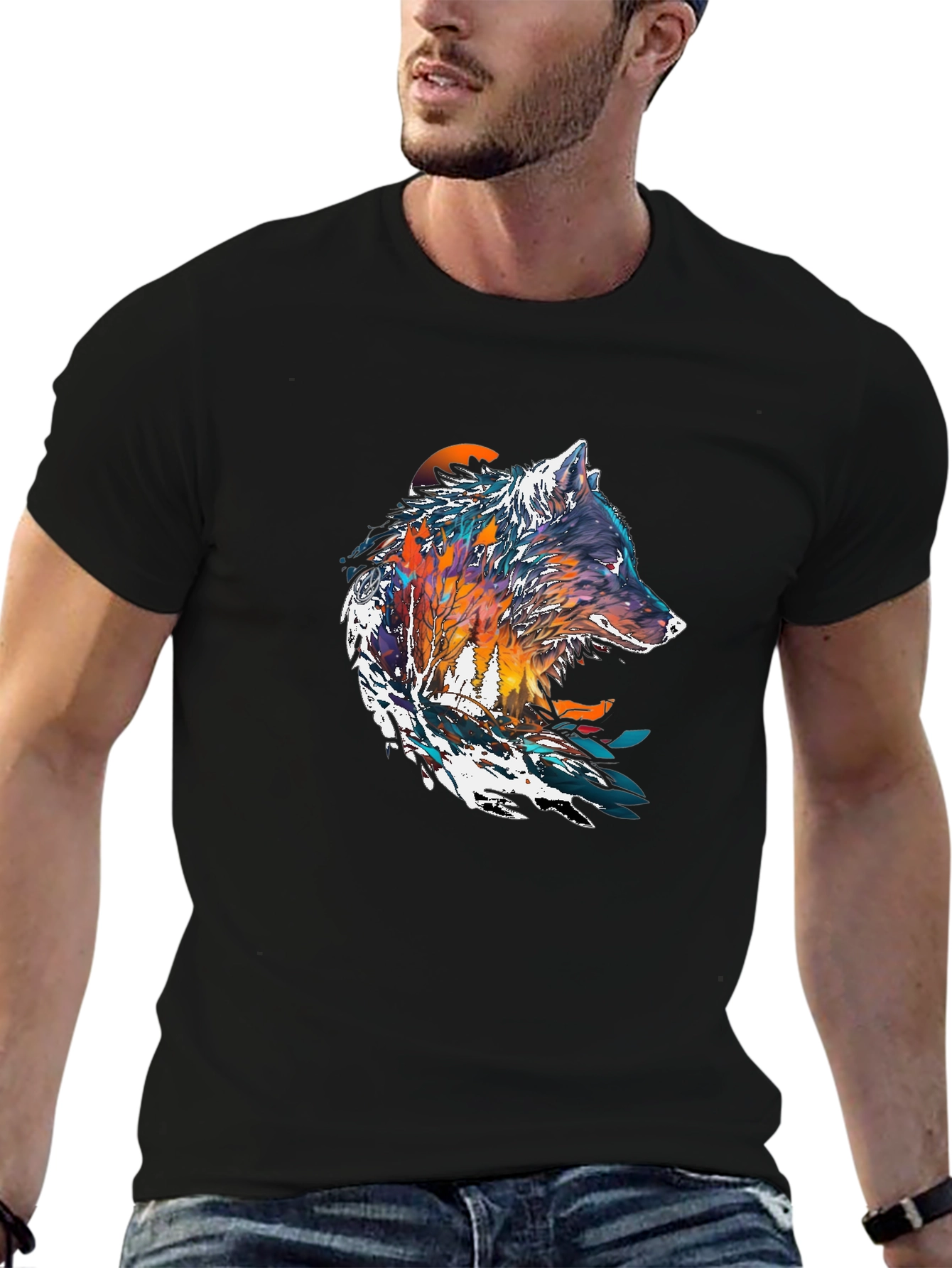 Artistic Wolf Graphic Black T-Shirt - Unique Design