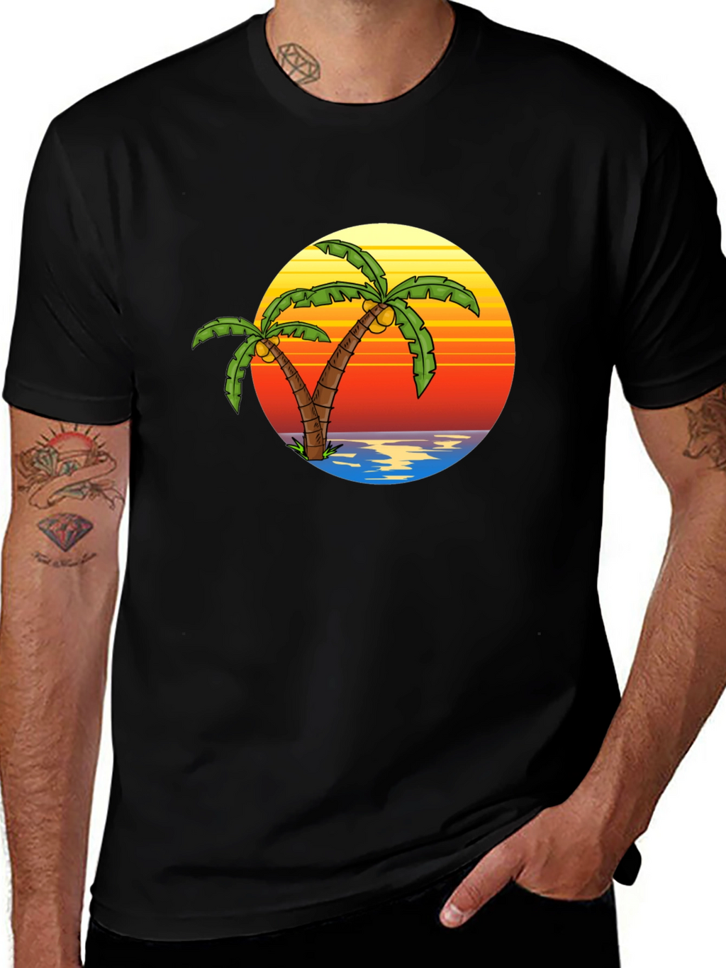 Tropical Palm Tree Sunset Black T-Shirt