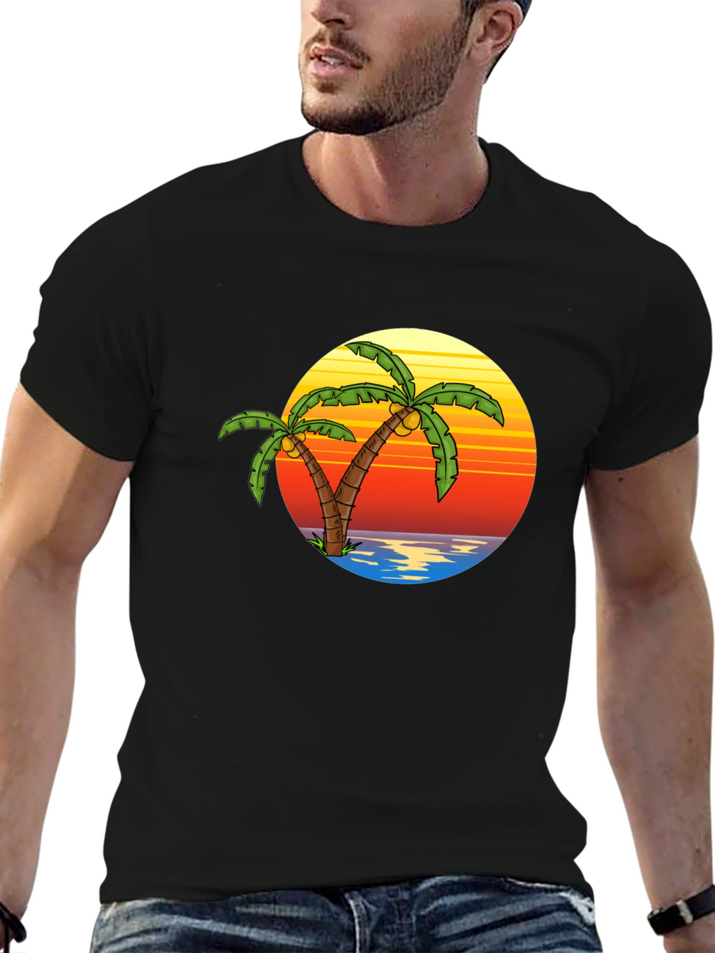 Tropical Palm Tree Sunset Black T-Shirt