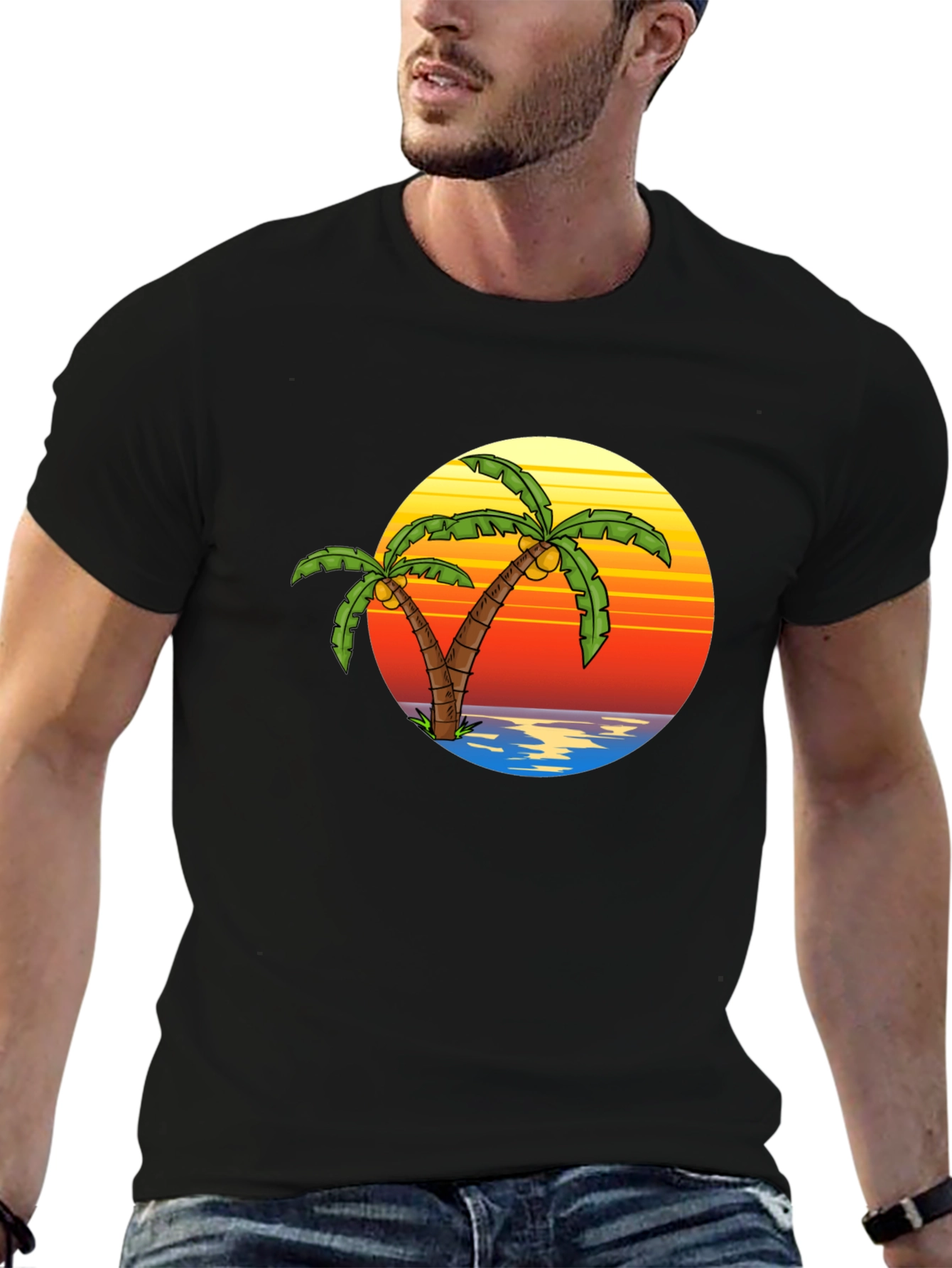 Tropical Palm Tree Sunset Black T-Shirt