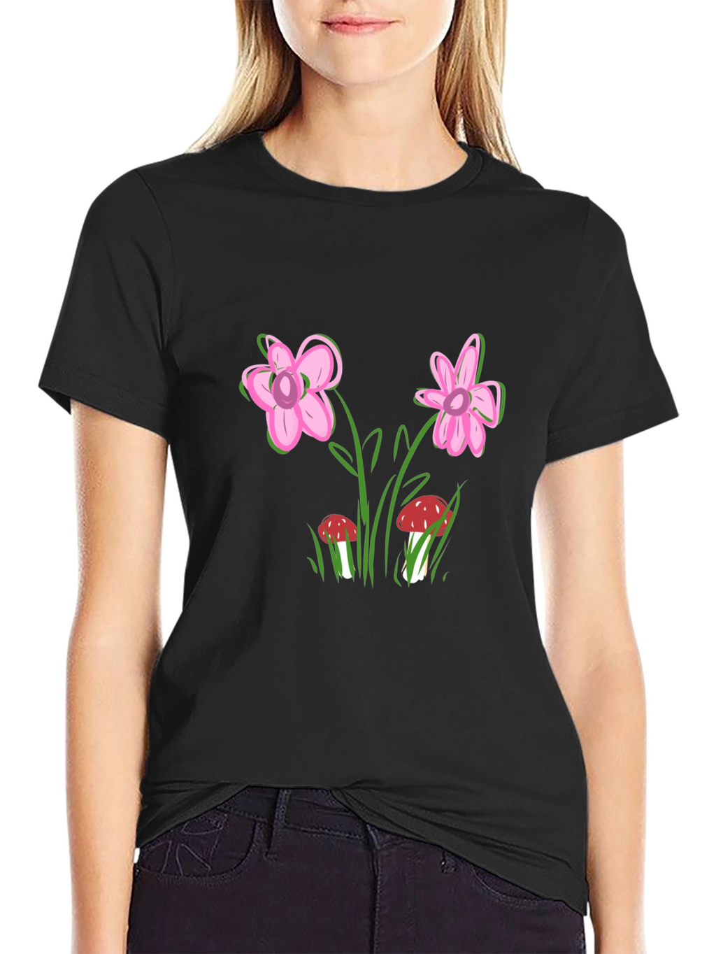 Floral Mushroom Print Black T-Shirt
