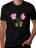Floral Mushroom Print Black T-Shirt