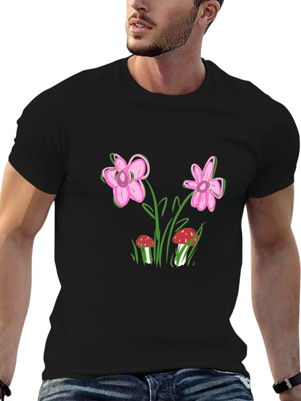 Floral Mushroom Print Black T-Shirt
