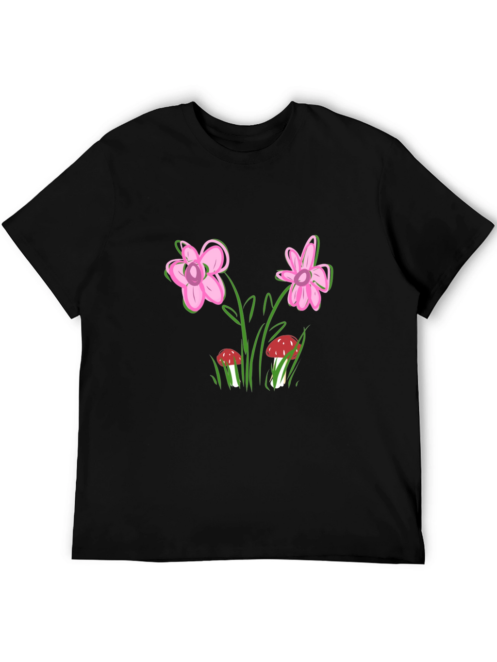 Floral Mushroom Print Black T-Shirt