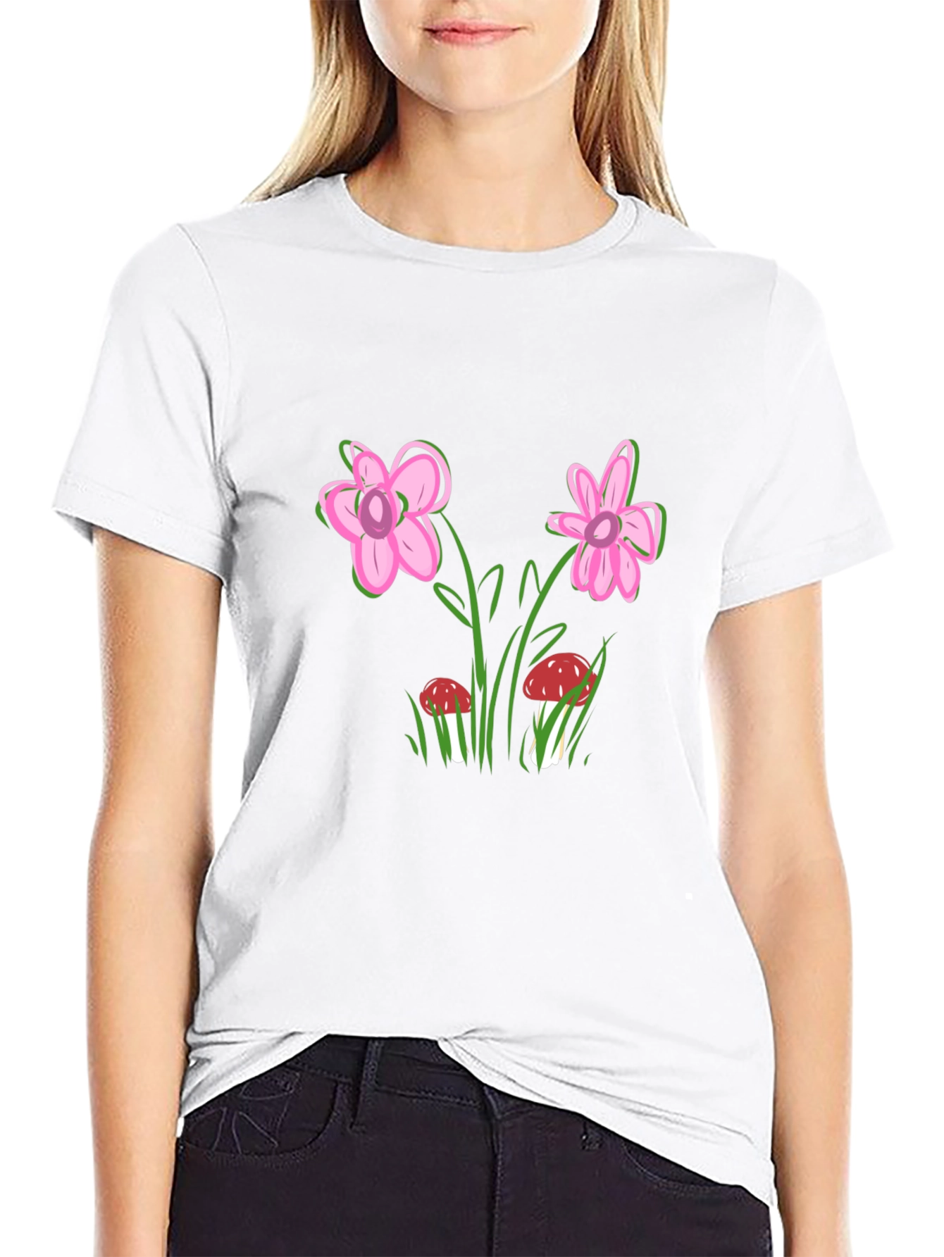 Floral Mushroom Print Black T-Shirt