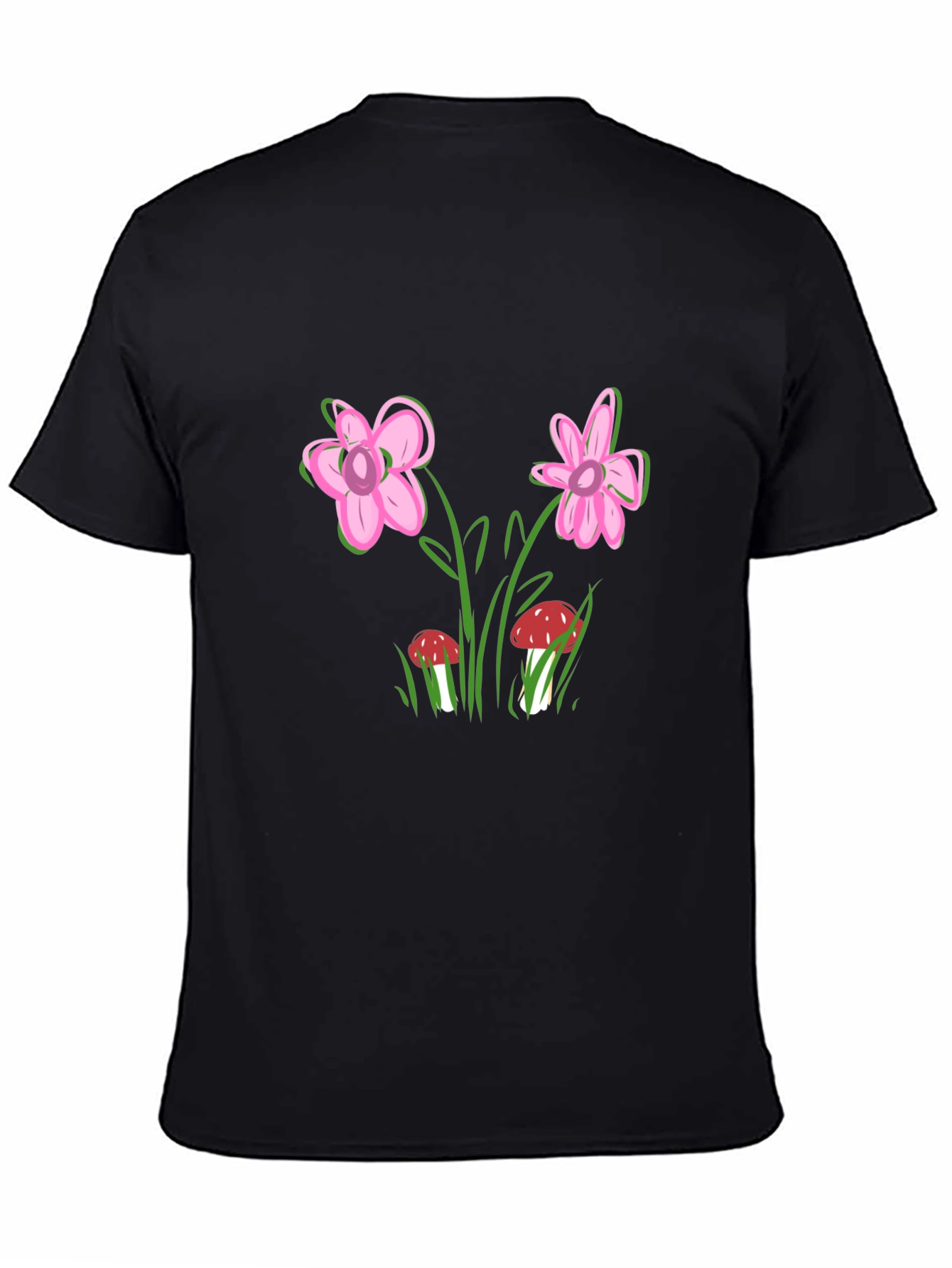 Floral Mushroom Print Black T-Shirt