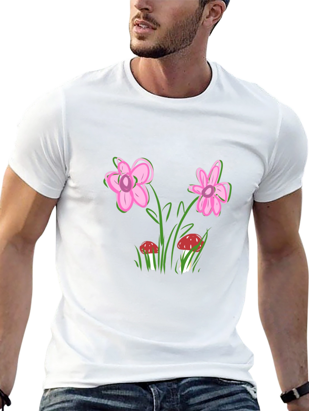 Floral Mushroom Print Black T-Shirt