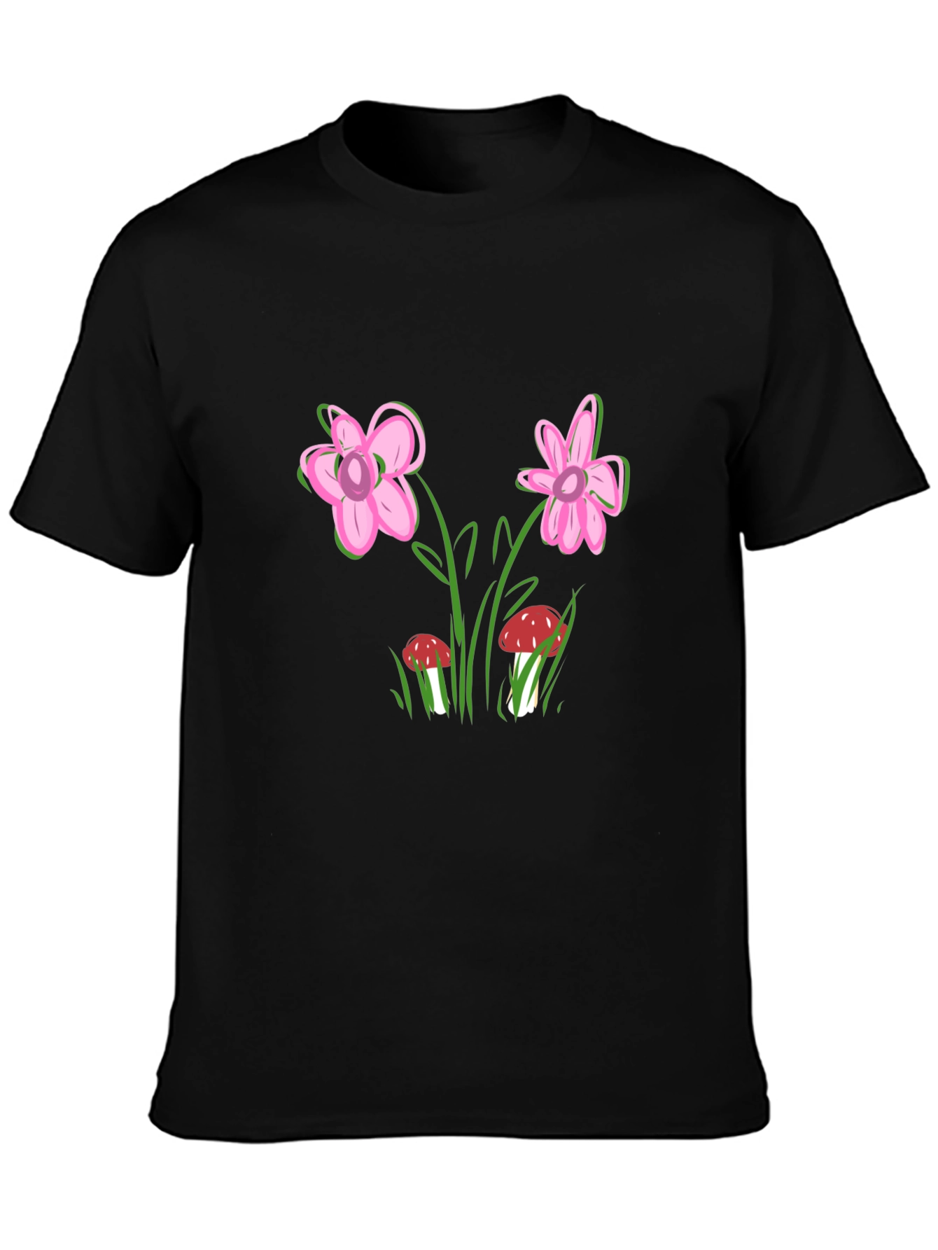 Floral Mushroom Print Black T-Shirt