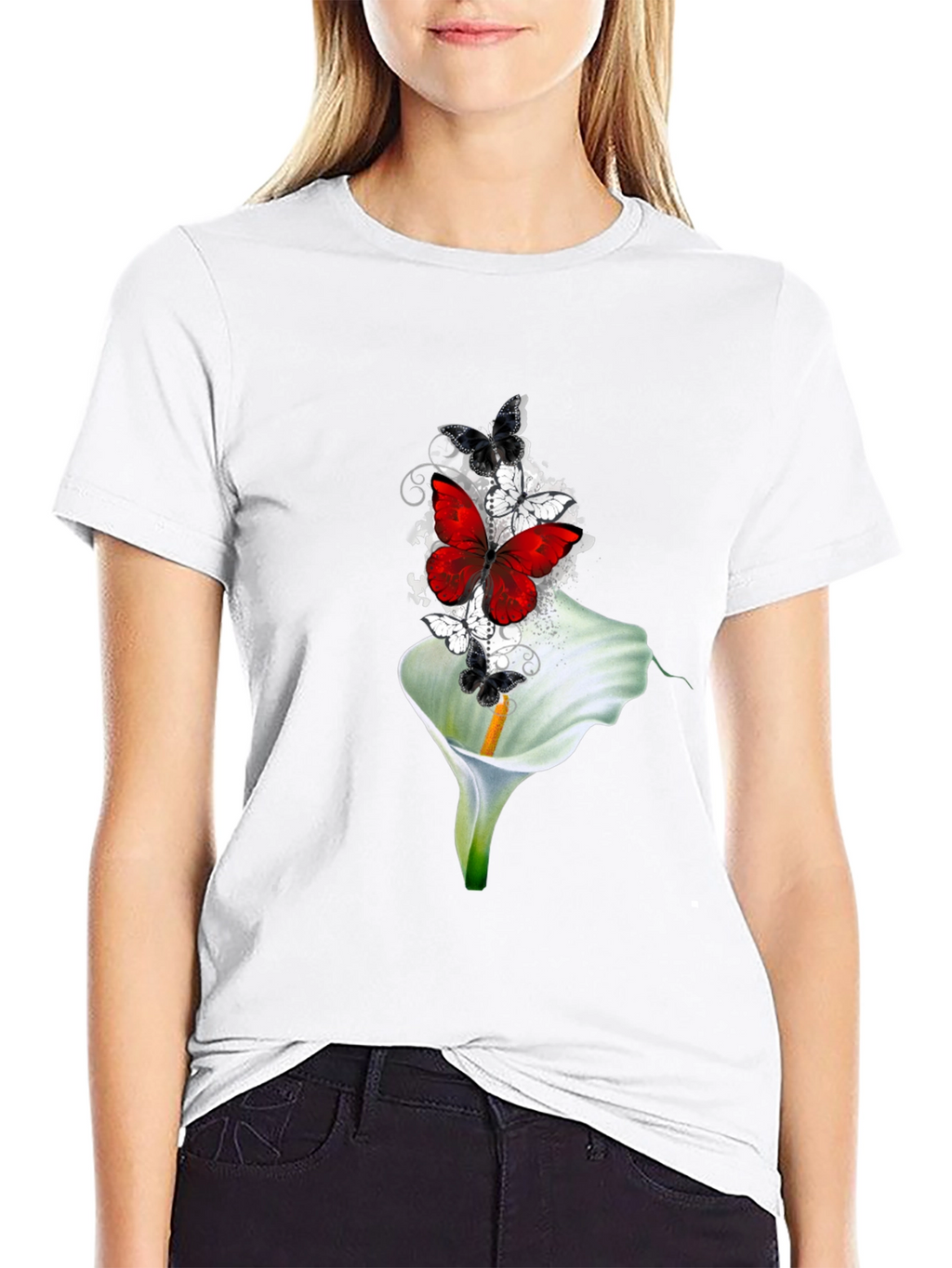 Butterfly & Lily Graphic T-Shirt - Black
