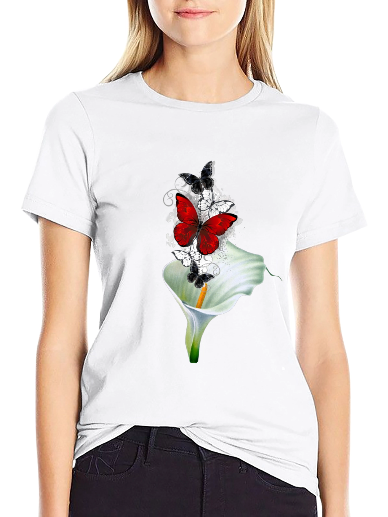 Butterfly & Lily Graphic T-Shirt - Black