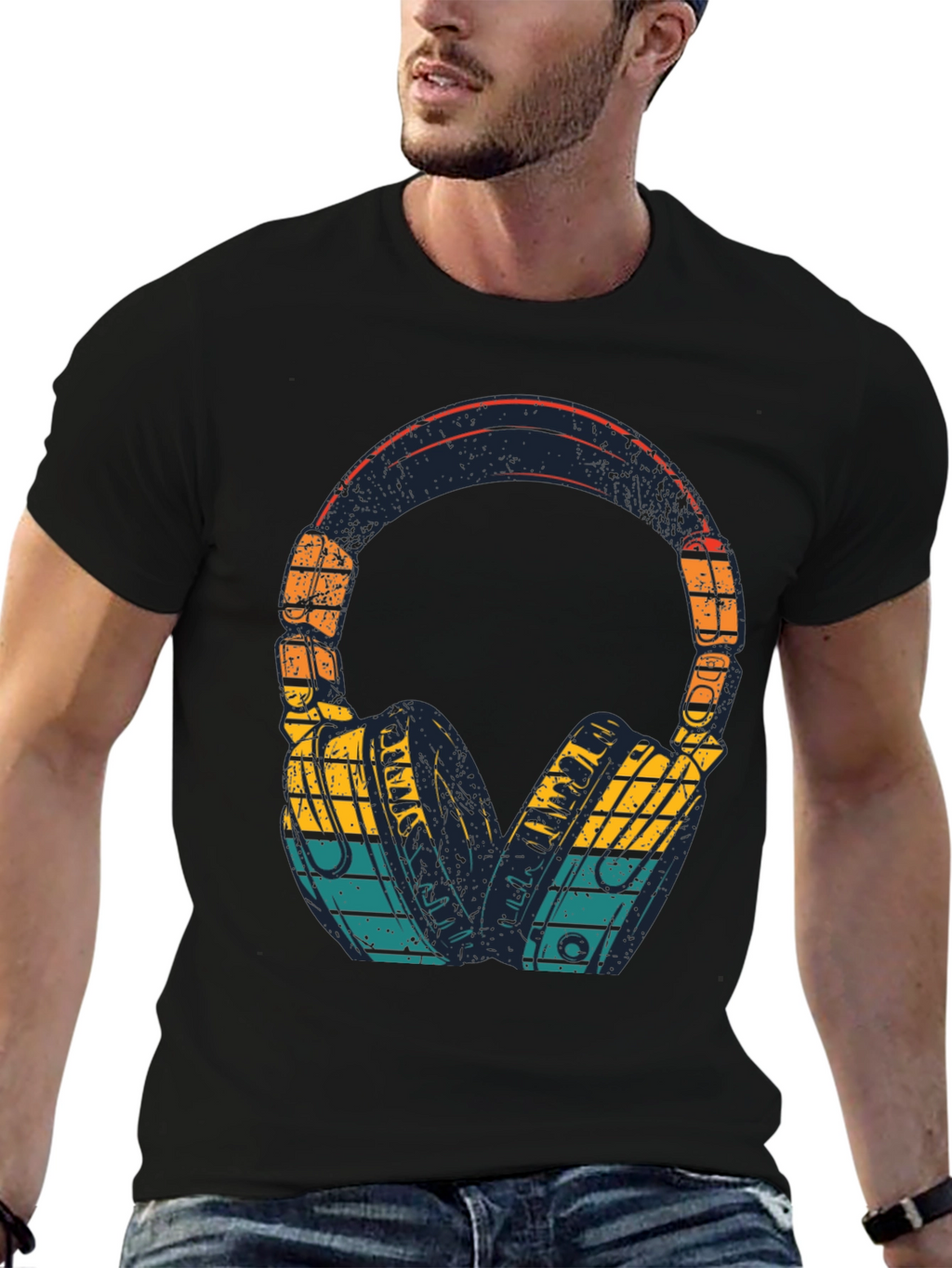 Retro Headphones Graphic Tee - Black Cotton Blend