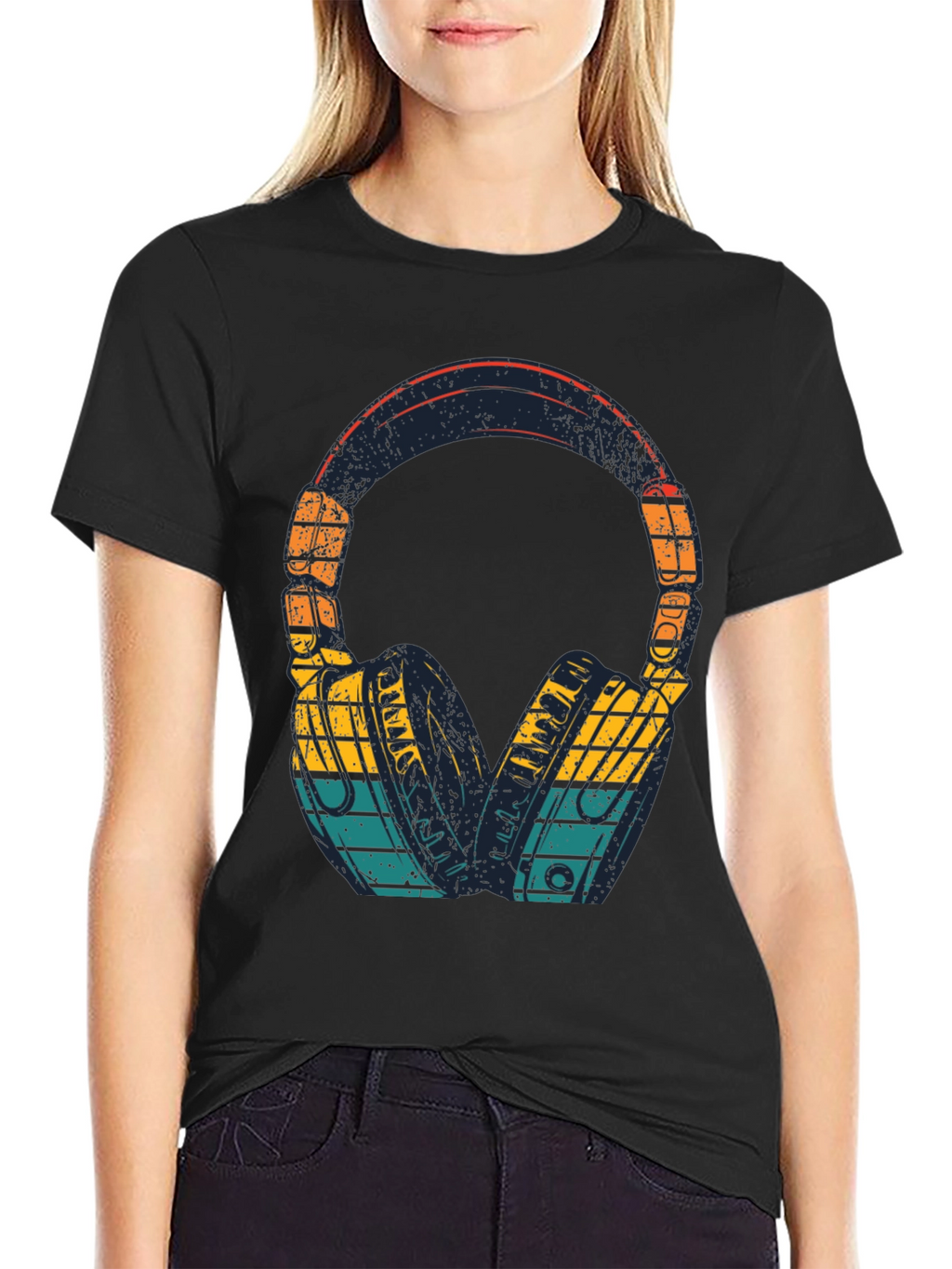 Retro Headphones Graphic Tee - Black Cotton Blend