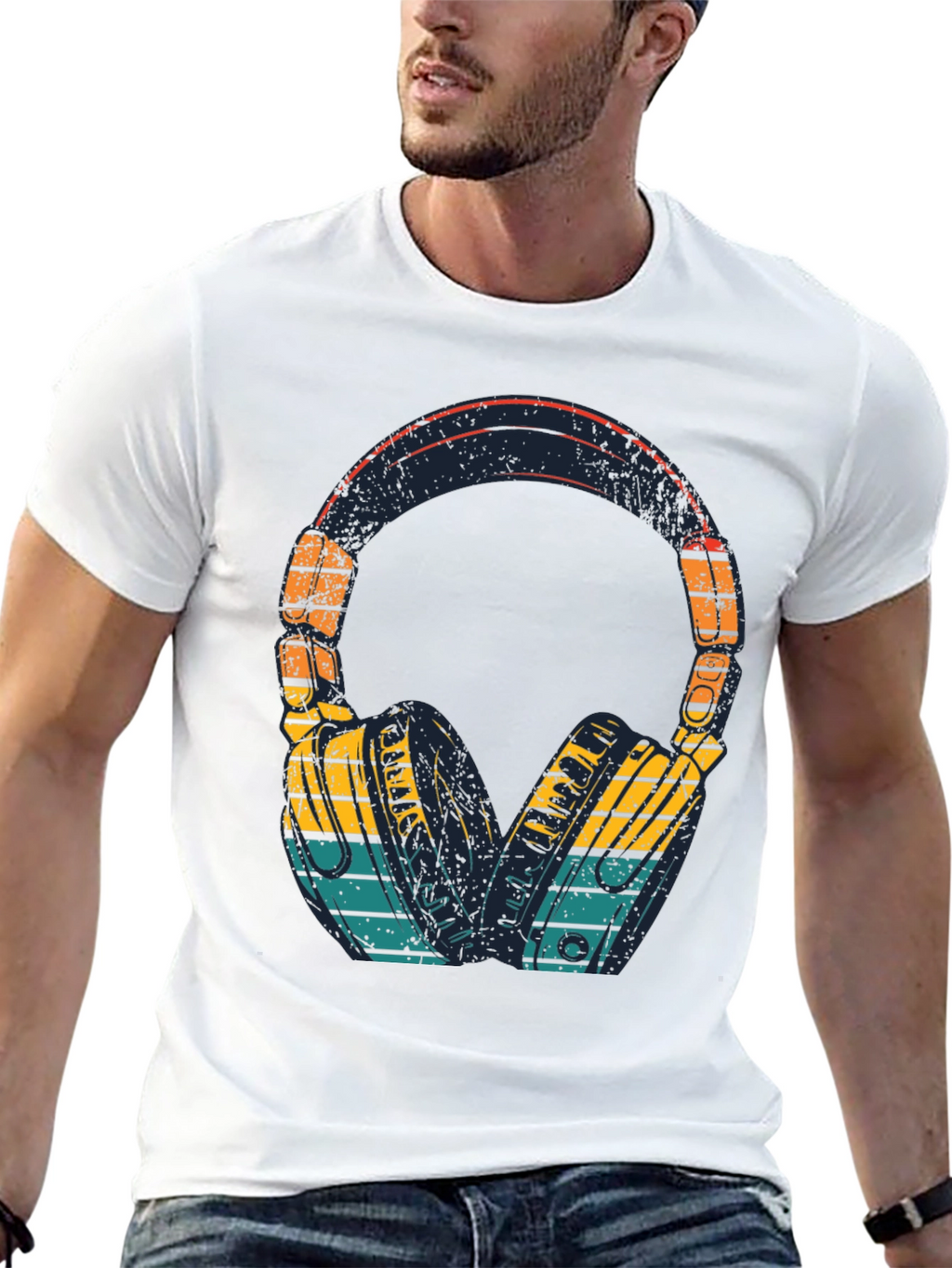 Retro Headphones Graphic Tee - Black Cotton Blend