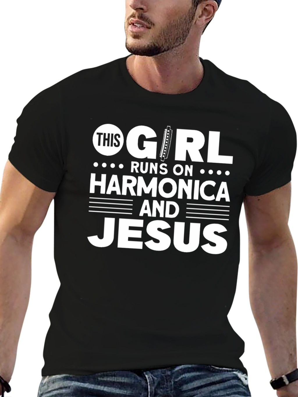 This Girl Runs On Harmonica and Jesus Black Tee