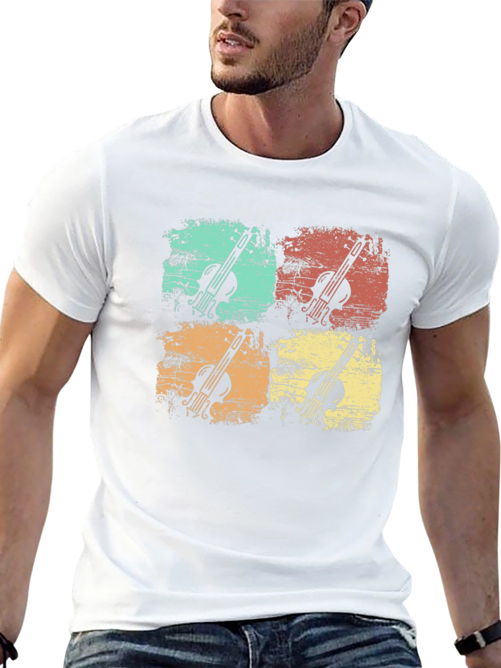 Retro Violin Graphic Print Mens Black T-Shirt