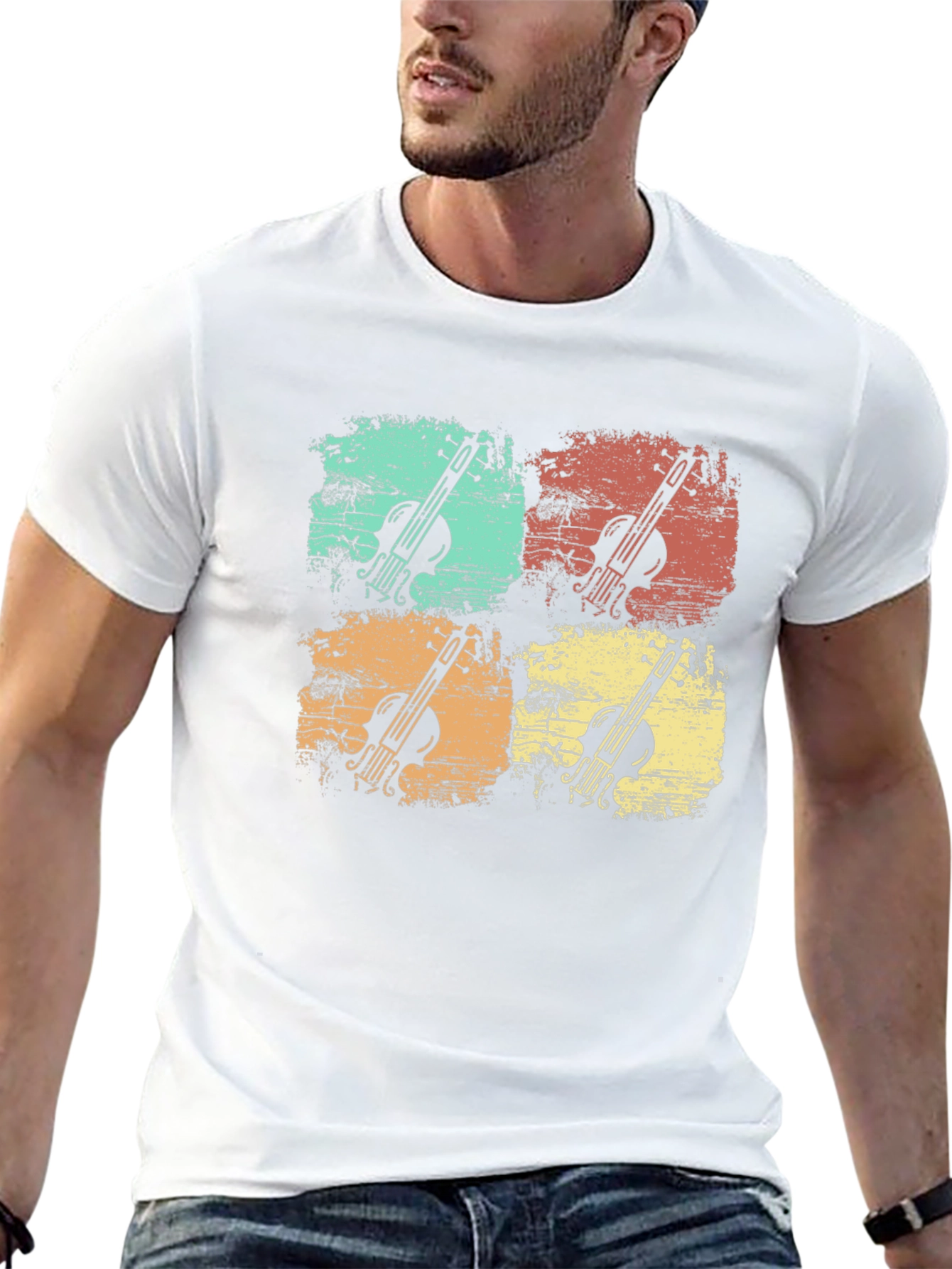 Retro Violin Graphic Print Mens Black T-Shirt