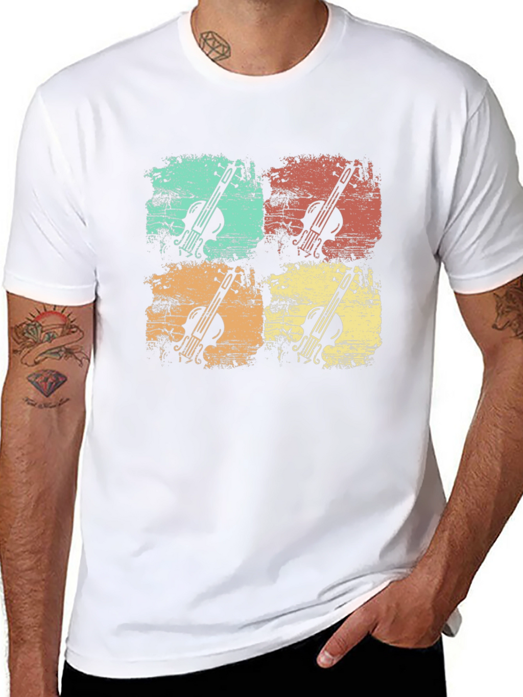 Retro Violin Graphic Print Mens Black T-Shirt
