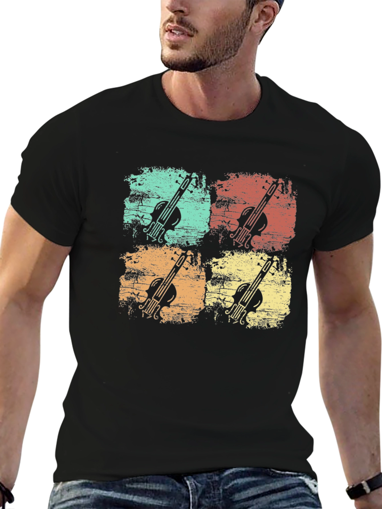 Retro Violin Graphic Print Mens Black T-Shirt