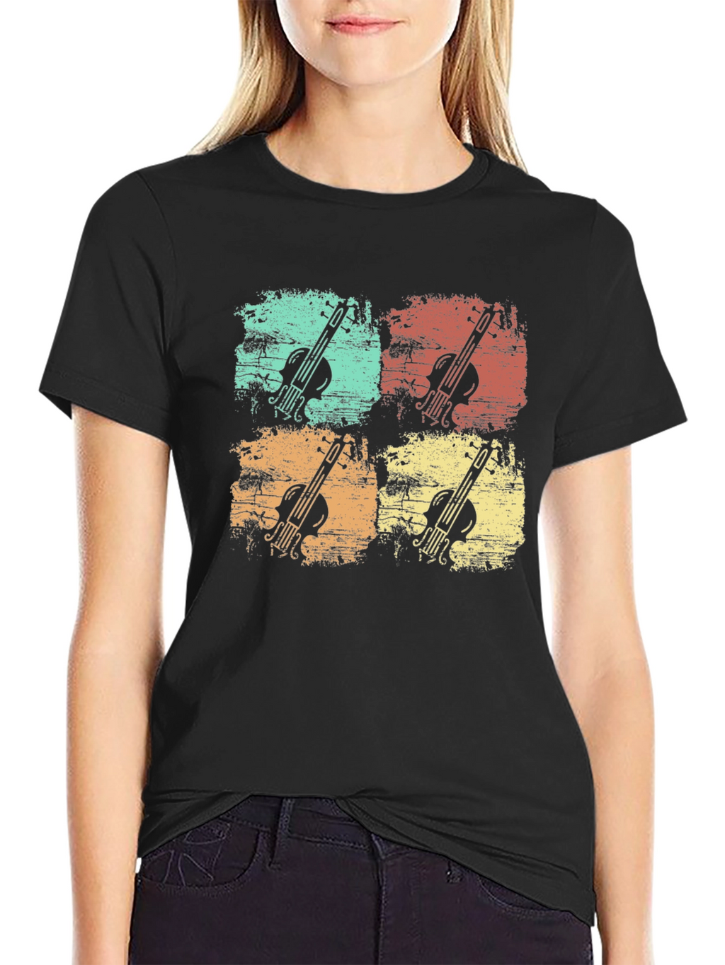 Retro Violin Graphic Print Mens Black T-Shirt