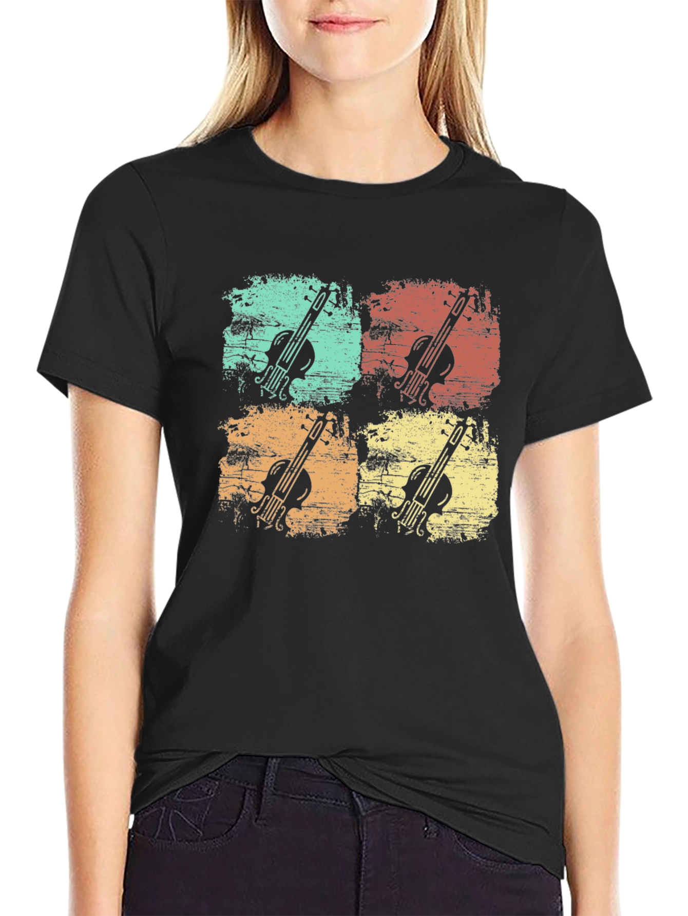 Retro Violin Graphic Print Mens Black T-Shirt