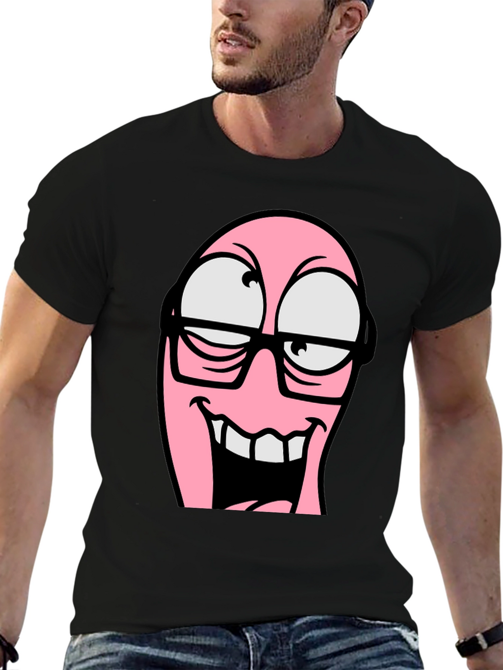 Cartoon Pink Nerd Face Graphic T-Shirt
