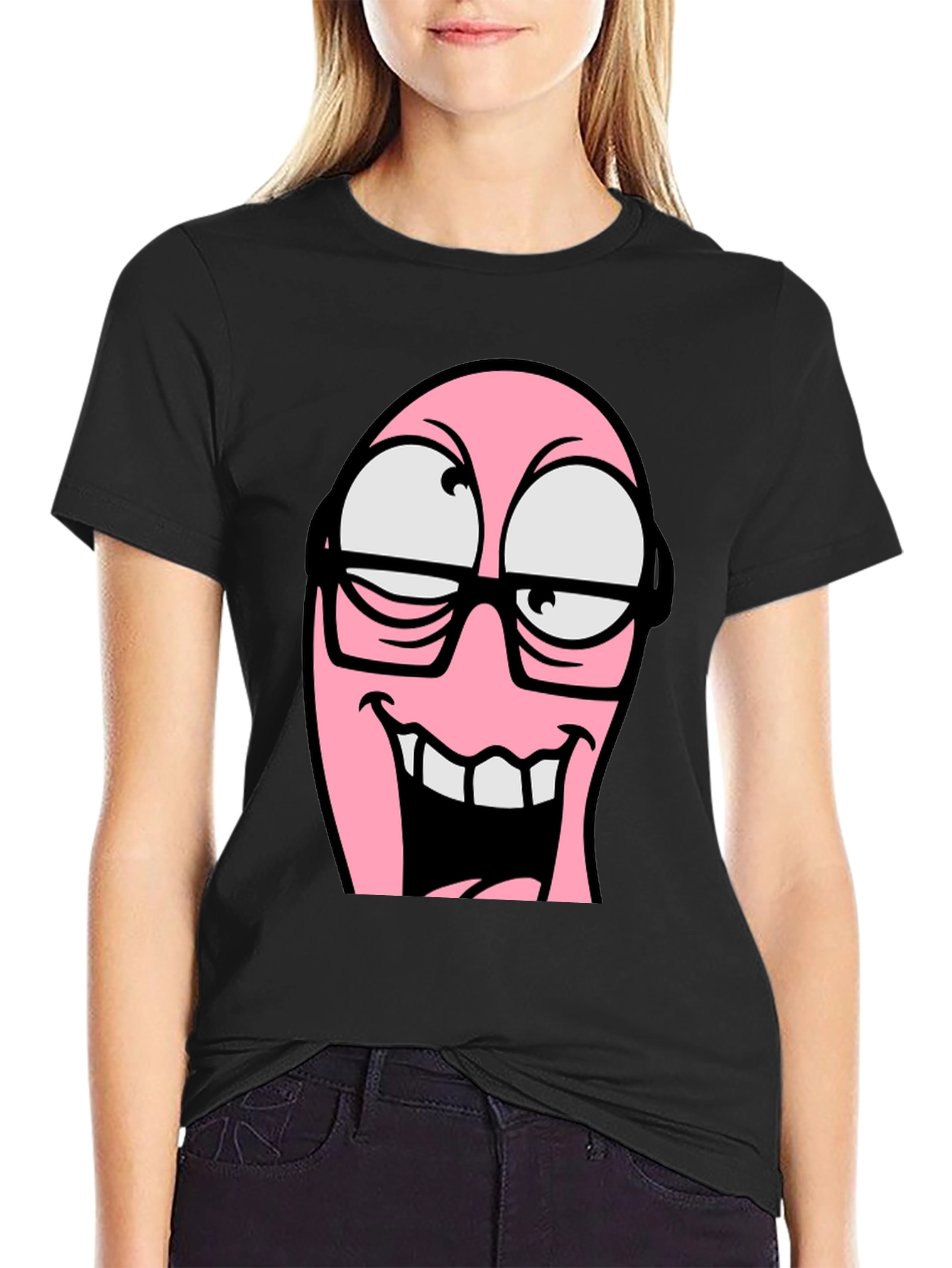 Cartoon Pink Nerd Face Graphic T-Shirt
