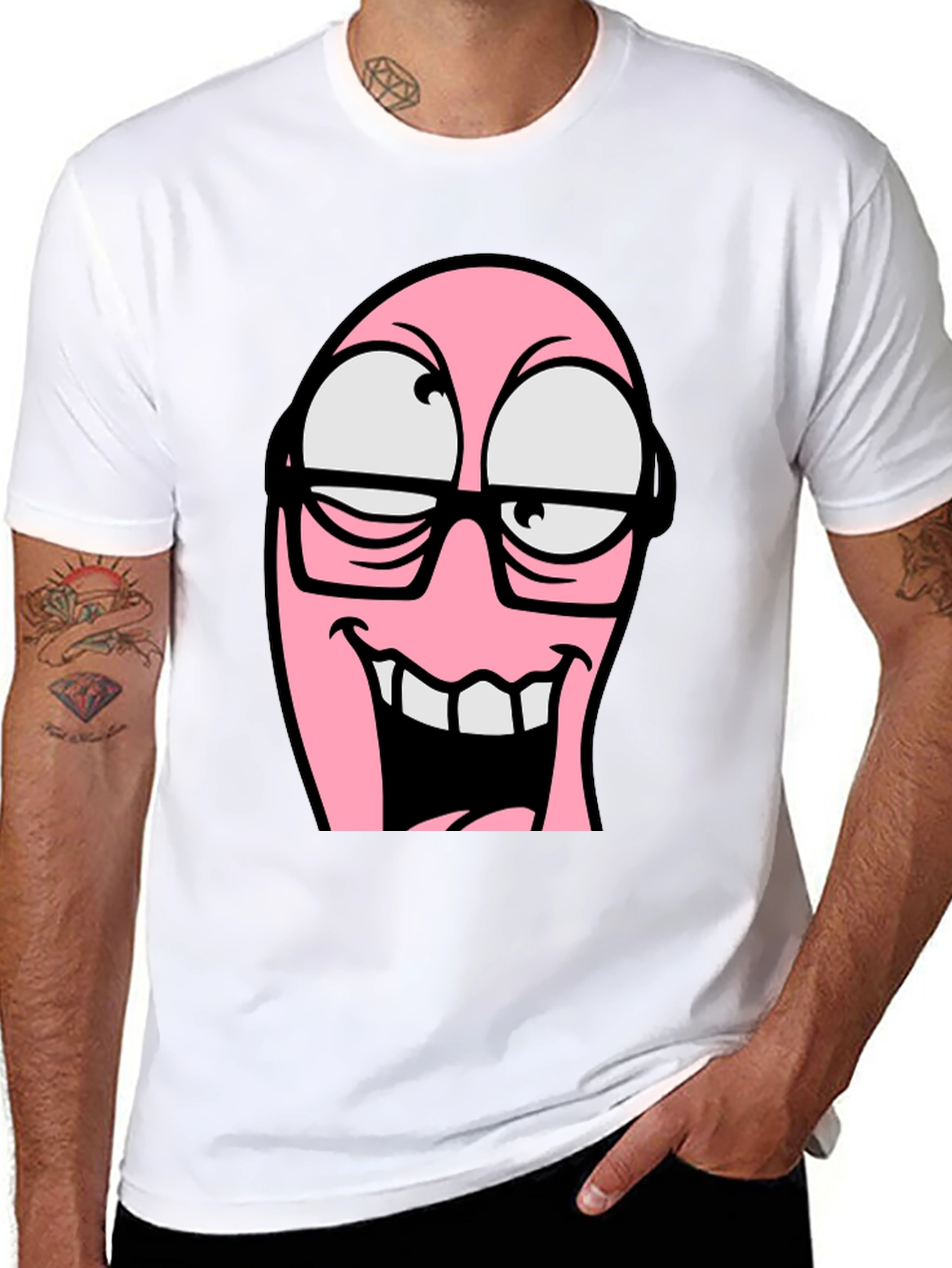 Cartoon Pink Nerd Face Graphic T-Shirt