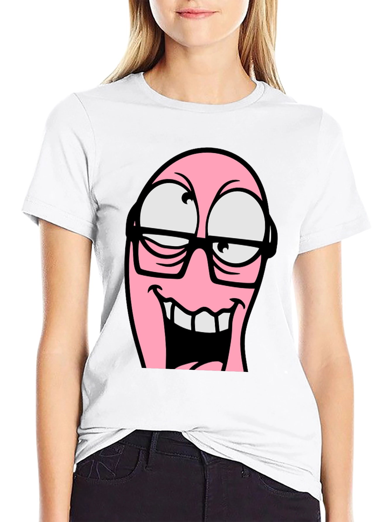 Cartoon Pink Nerd Face Graphic T-Shirt