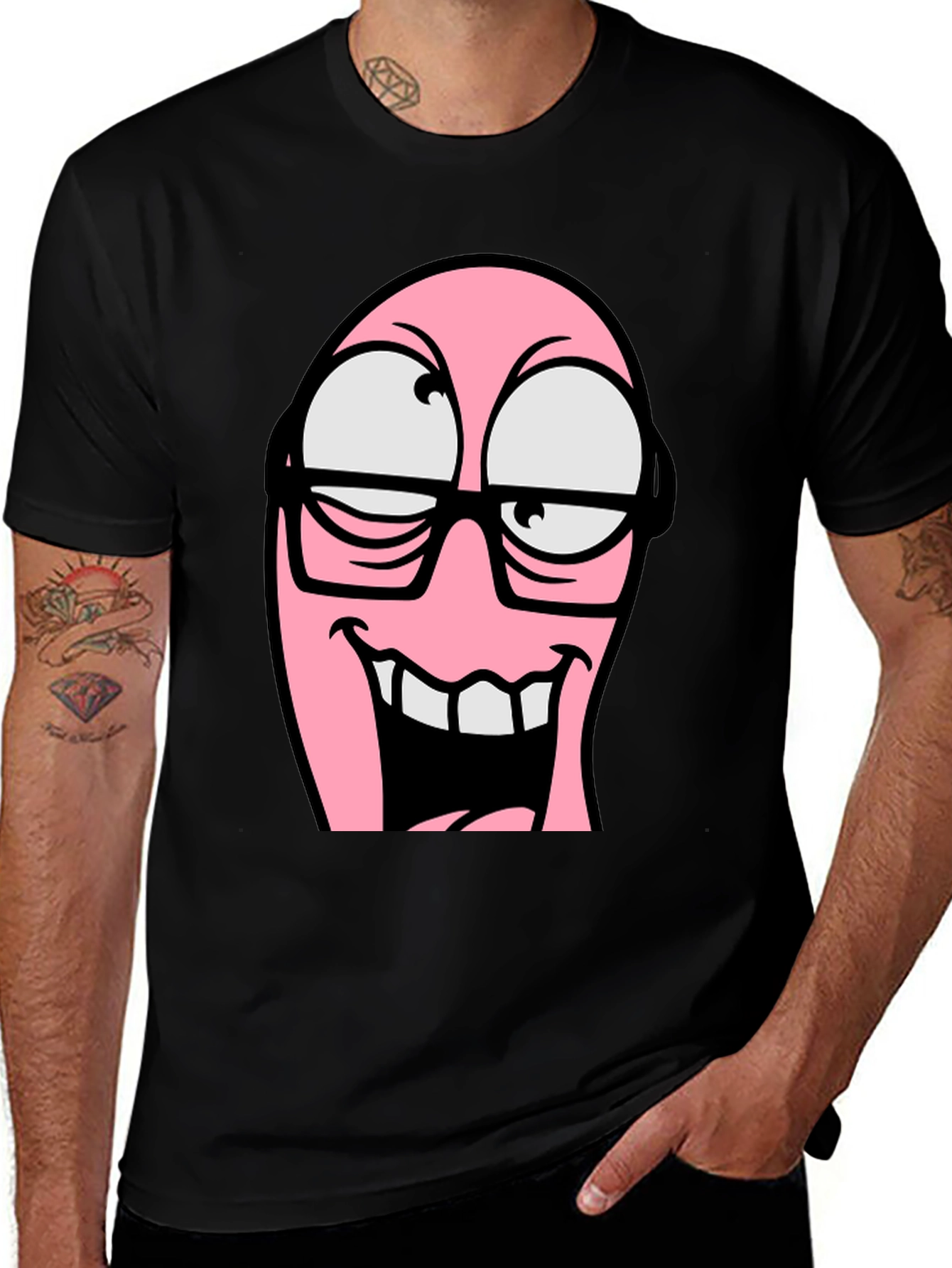 Cartoon Pink Nerd Face Graphic T-Shirt