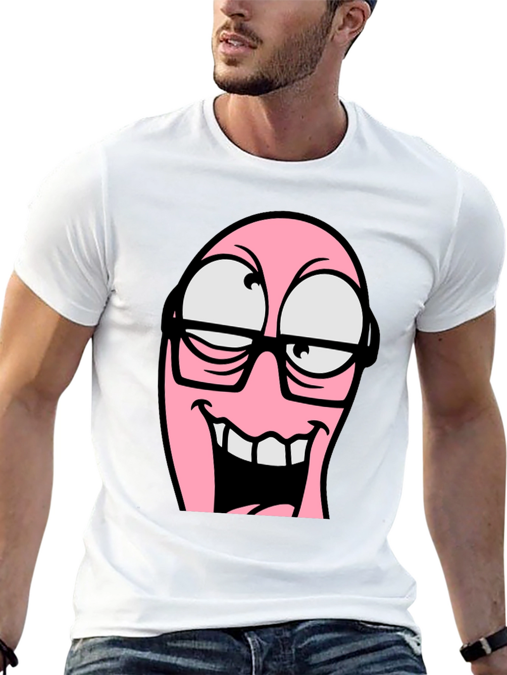 Cartoon Pink Nerd Face Graphic T-Shirt