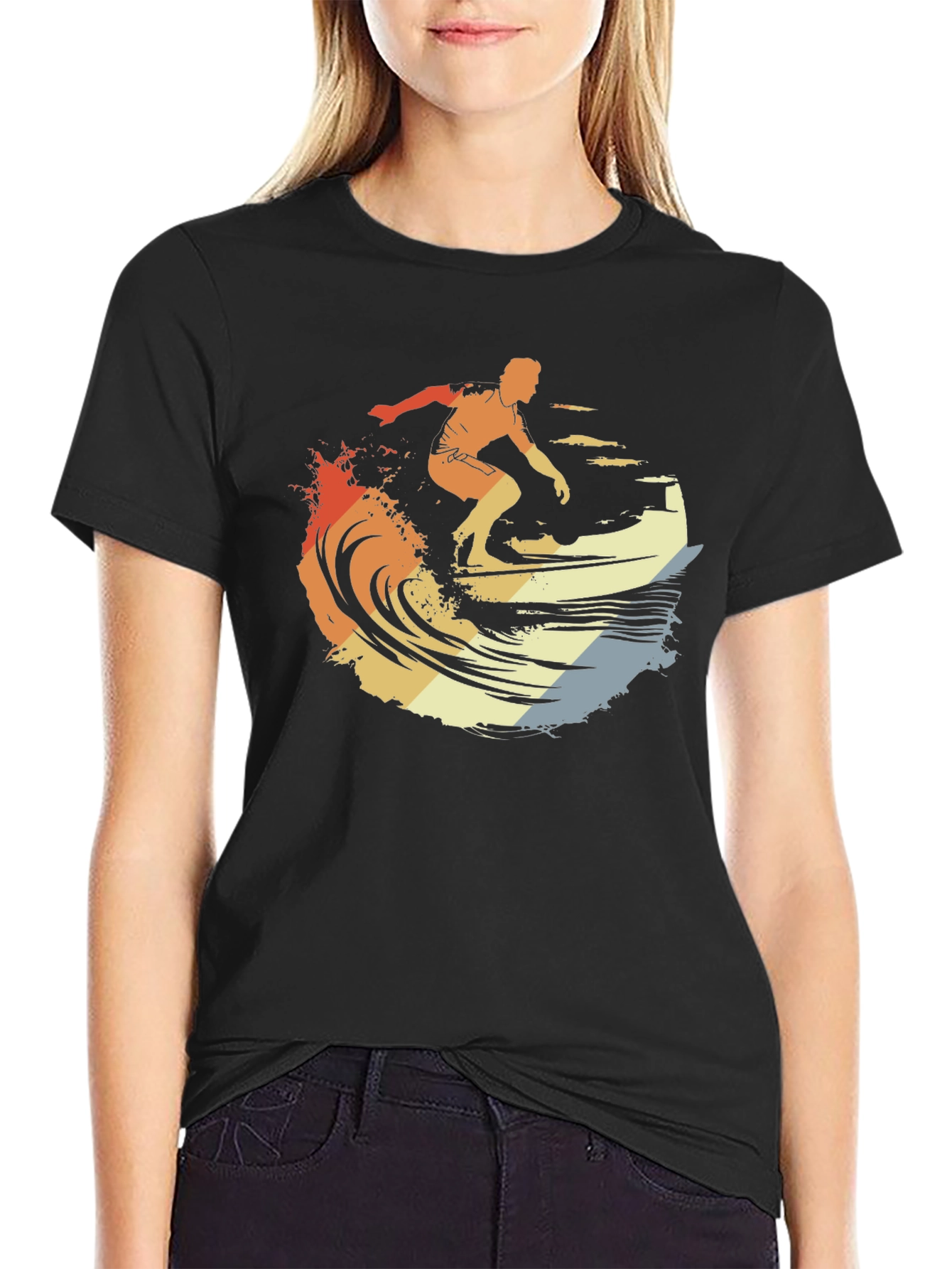 Retro Surfer Graphic Tee - Black Cotton T-Shirt