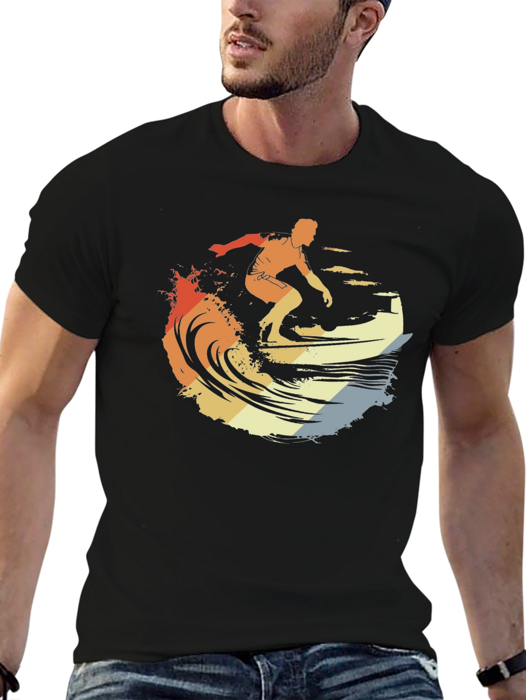 Retro Surfer Graphic Tee - Black Cotton T-Shirt
