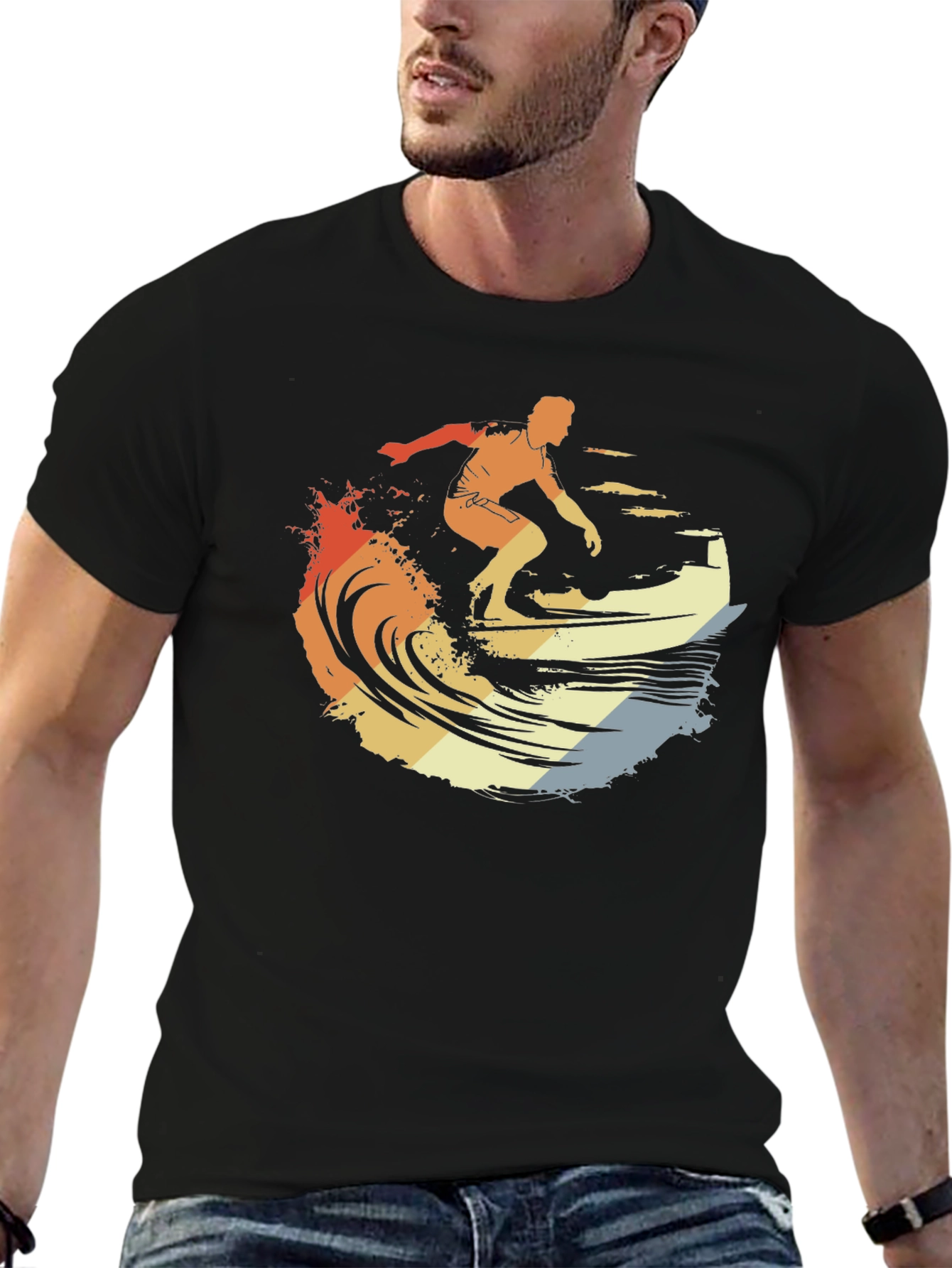 Retro Surfer Graphic Tee - Black Cotton T-Shirt