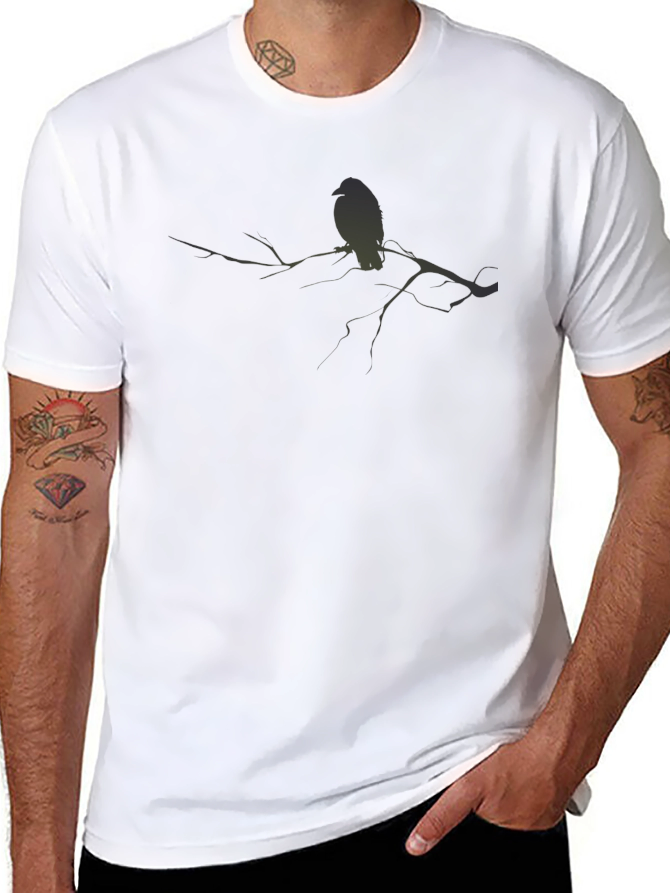 Mens Black T-Shirt with Bird on Branch Graphic