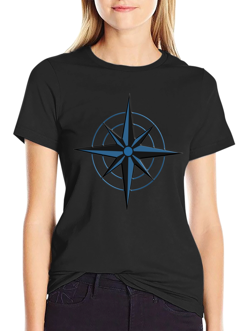 Stylish Black T-Shirt with Blue Compass Design