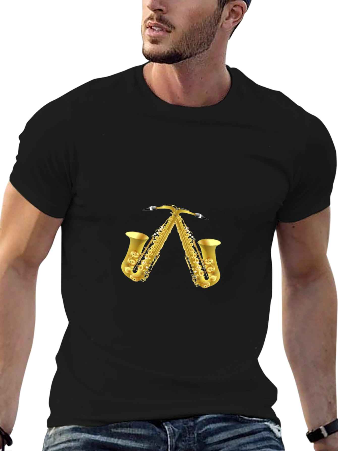Saxophone Pattern Black T-Shirt