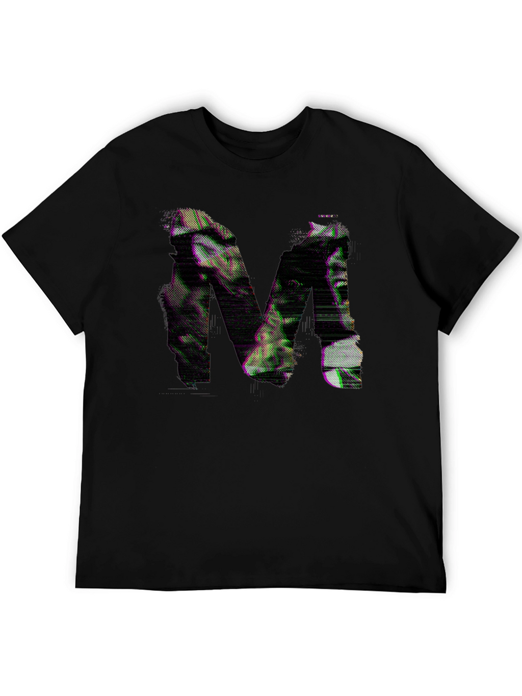 Mens Black T-Shirt with Glitch Letter M Design